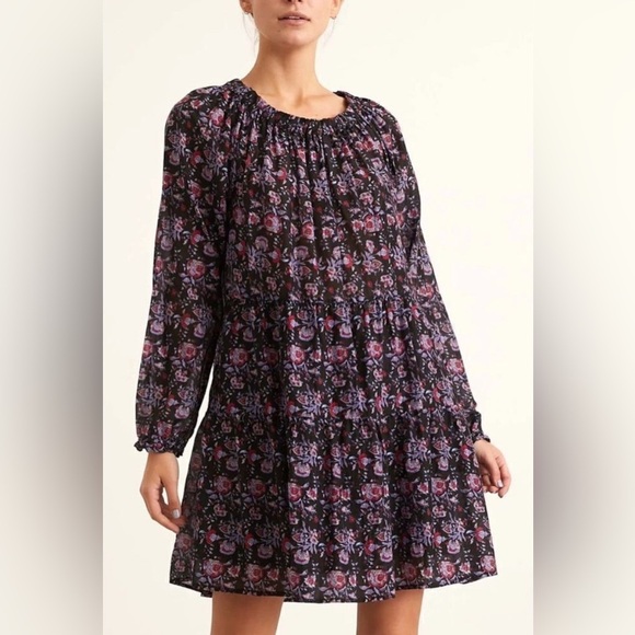 XIRENA Lea Shirred Off the Shoulder Tiered Silk Blend Dress Black Beauty Floral - Picture 2 of 16